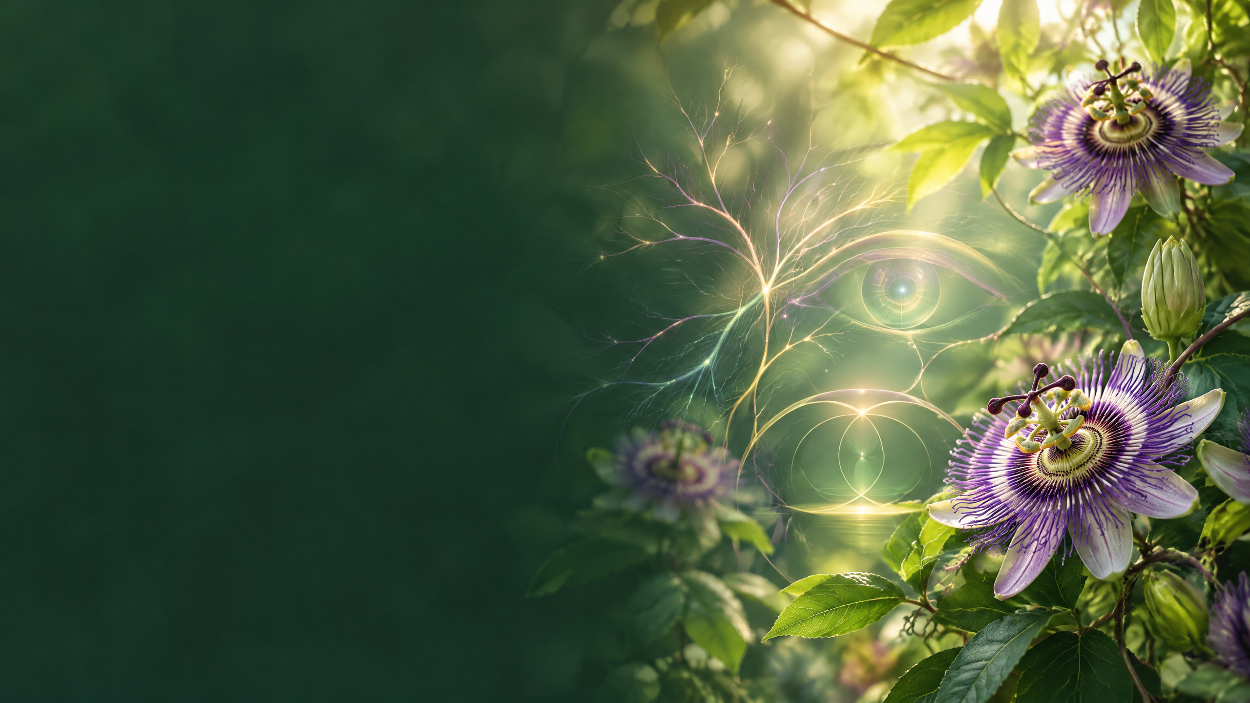 Sunlit passionflowers with subtle visual and balance motifs