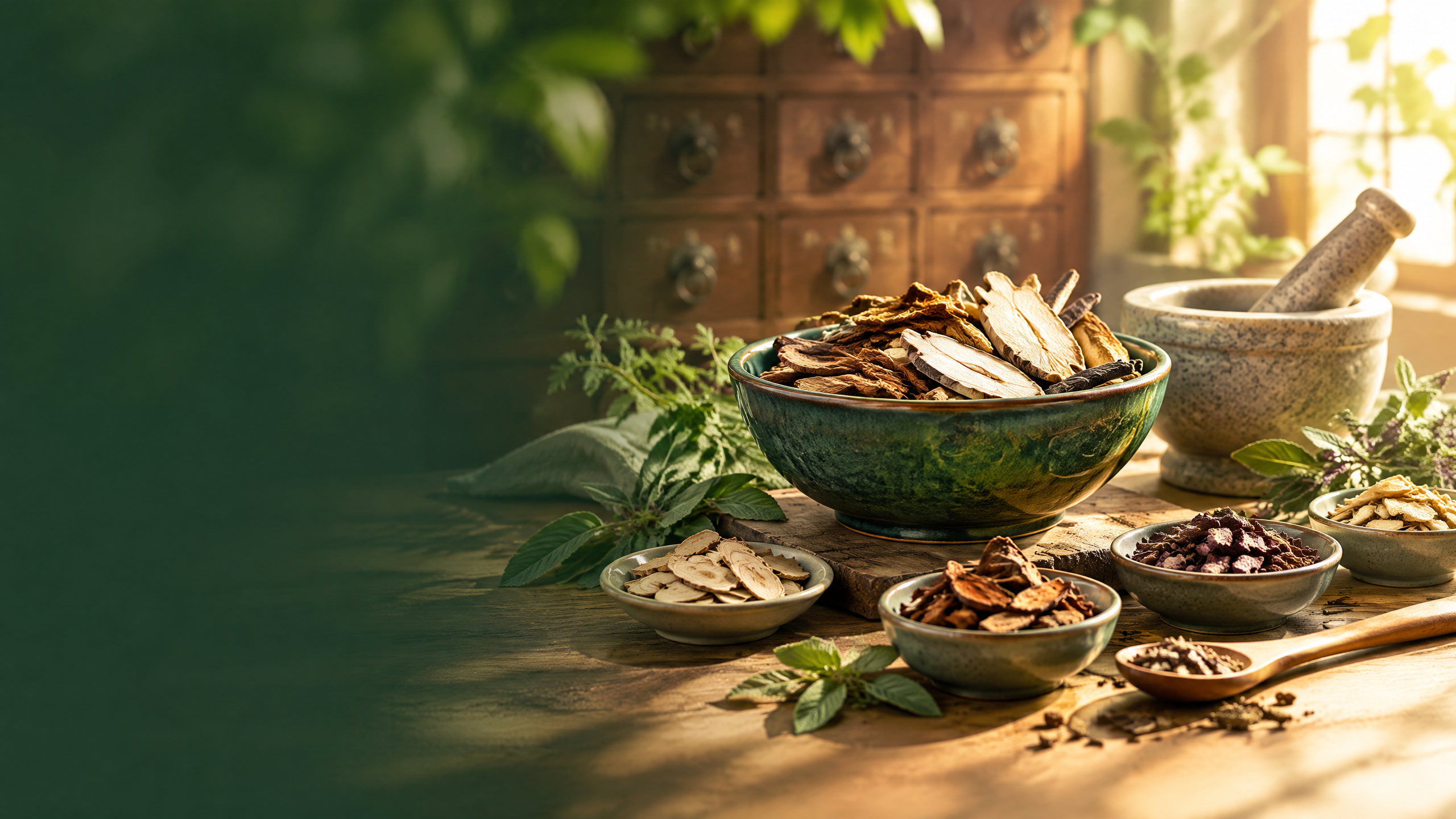 Sunlit apothecary bowls filled with dried herbs, beside a mortar and pestle